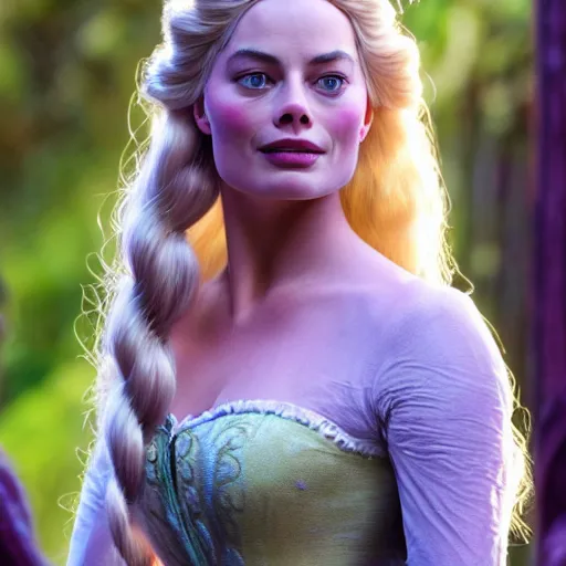 Image similar to Margot Robbie as Rapunzel in disney tangled live action, 8k full HD photo, cinematic lighting, anatomically correct, oscar award winning, action filled, correct eye placement,