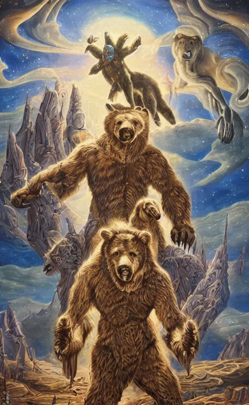 Image similar to mural of a bear beast-man, sci fi weapon, royal ornaments, reaching towards the heavens, sci fi world, holy imagery, highly detailed, beautiful colors, renaissance mural, mural in the style of sandro boticceli, sandro boticceli