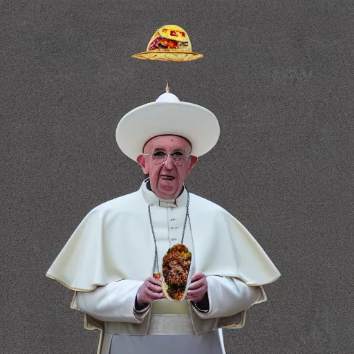 Image similar to pope john paul the 2 nd wearing a sombrero holding a taco, ( sony a 7 r iv, symmetric balance, polarizing filter, photolab, lightroom, 4 k, dolby vision, photography awardm, voque, perfect face )