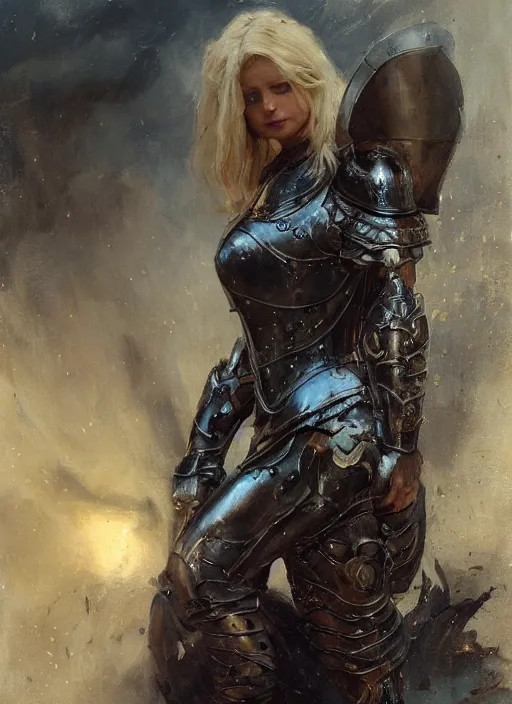 Prompt: short muscular blonde woman wearing realistic medieval armour, detailed by gaston bussiere, bayard wu, greg rutkowski, giger, maxim verehin, greg rutkowski, masterpiece, sharp focus, cinematic lightning