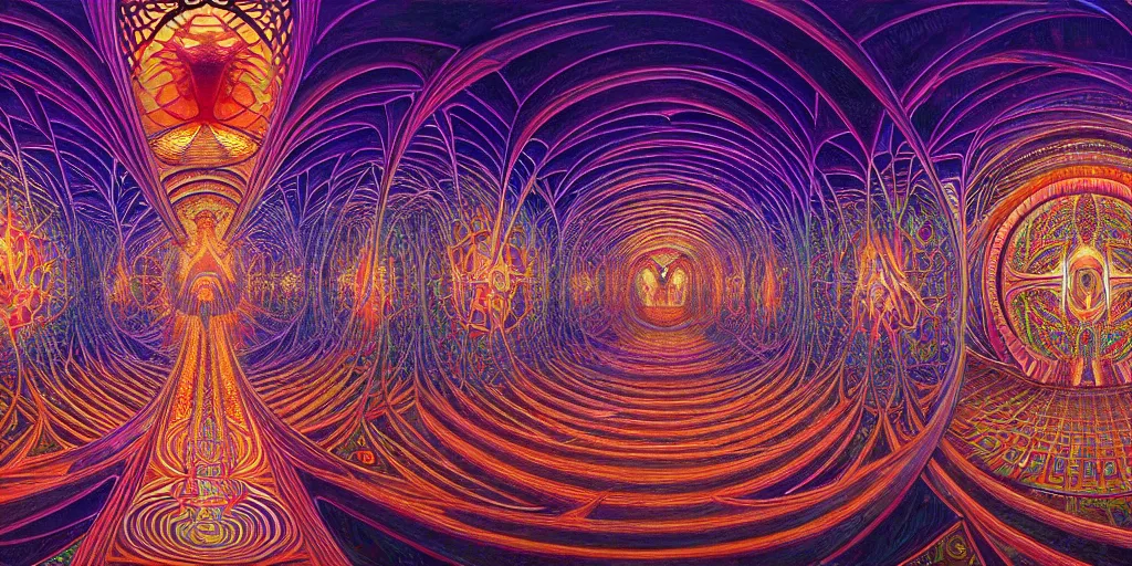 Prompt: cinematic view of the inside of a dmt cathedral filled with intricate and perfect patterns surrounded by infinite rooms, moebius, alex grey, oil on canvas, masterpiece, trending on artstation, featured on pixiv, cinematic composition, sharp, details, hyper - detailed, hd, hdr, 4 k, 8 k