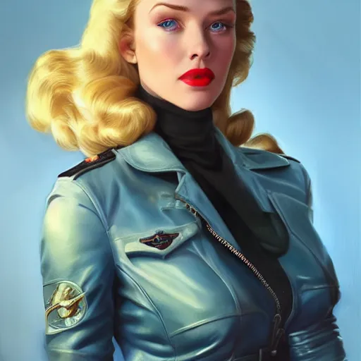 Prompt: portrait of a sexy 1940s blond female aviator with blue eyes, wearing a leather flight jacket, sexy body, D&D, fantasy, intricate, elegant, highly detailed, digital painting, artstation, concept art, smooth, sharp focus, illustration, art by artgerm and greg rutkowski and alphonse mucha, with a blue background