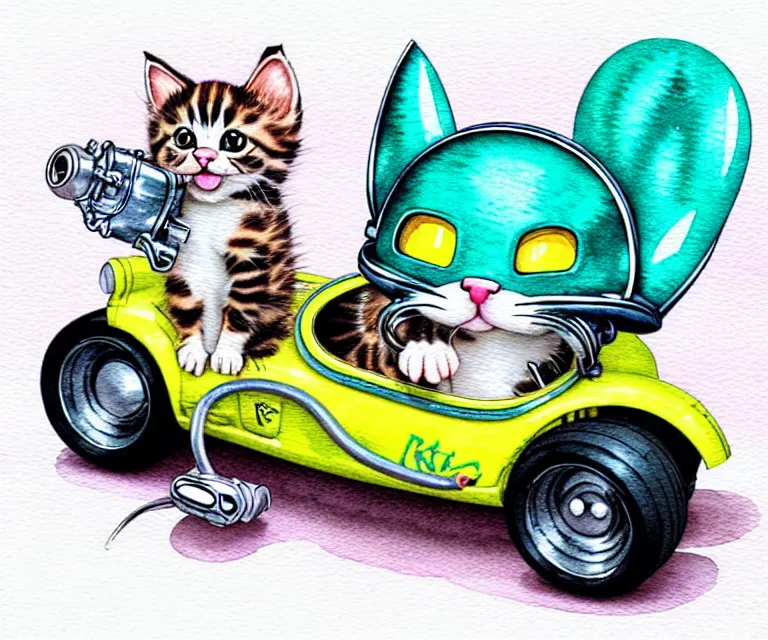 Image similar to cute and funny, kitten wearing a helmet riding in a tiny hot rod with an oversized engine, ratfink style by ed roth, centered award winning watercolor pen illustration, isometric illustration by chihiro iwasaki, edited by range murata, tiny details by artgerm and watercolor girl, symmetrically isometrically centered, sharply focused