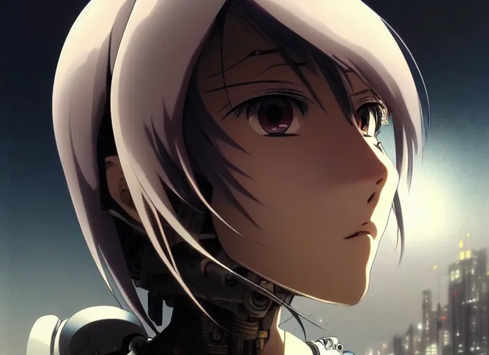 Image similar to a anime portrait of a cyborg woman, finely detailed features, closeup at the face, sharp focus, aesthetically pleasing art, night time city background, cinematic lighting, highly detailed, intricate, smooth, anime!! artstation, trending on pixiv fanbox, painted by greg rutkowski and studio ghibli and yoji shinkawa and hayao miyazaki,