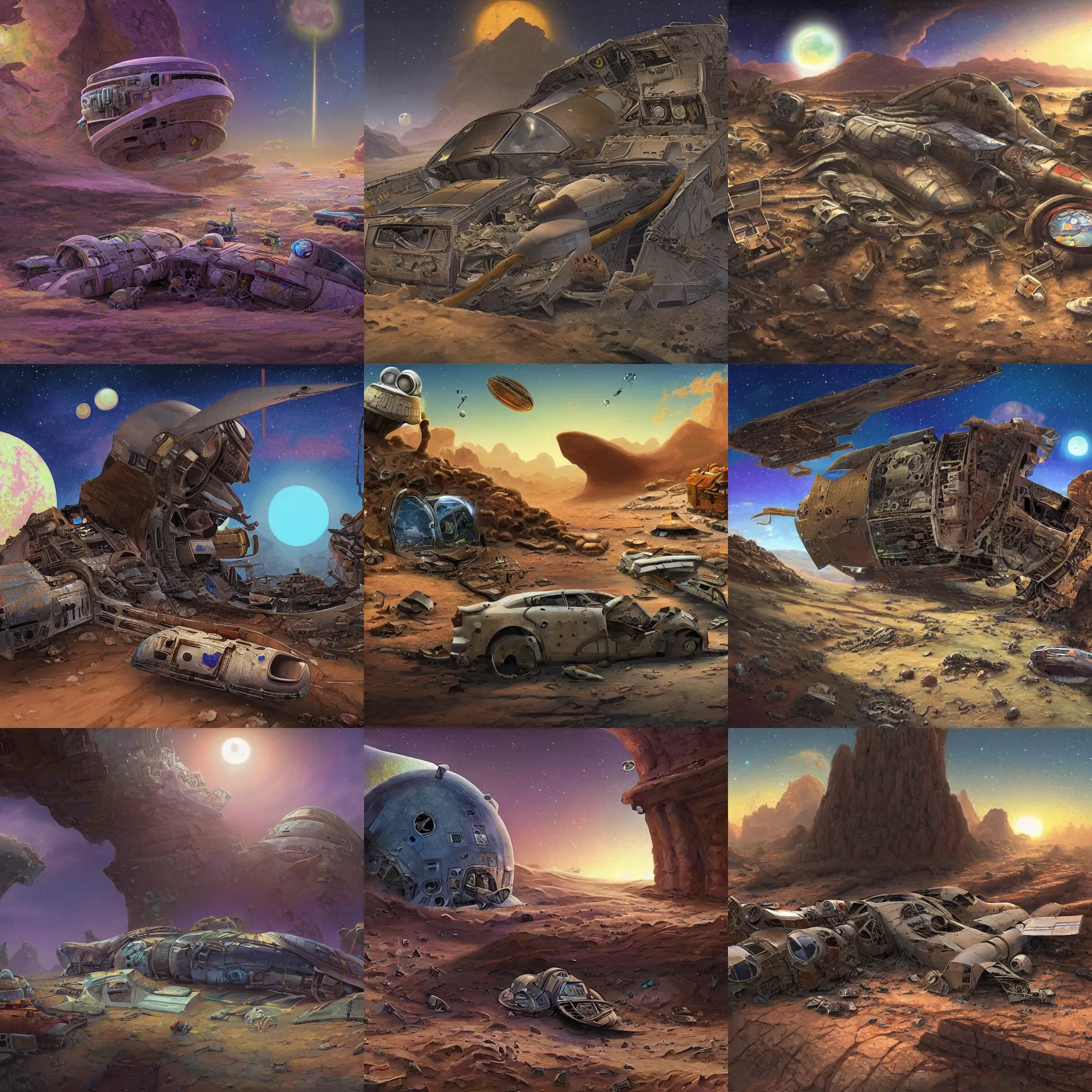 Prompt: inside the wreckage of a crashed spacecraft on a desert planet, from a space themed point and click 2 d graphic adventure game, art inspired by thomas kinkade