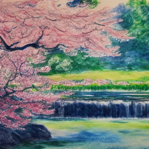 Prompt: landscape with cherry blossom trees and waterfalls, detailed watercolor painting in the style of monet, 4 k