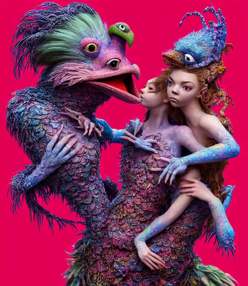 Prompt: hyper detailed 3d render like a Oil painting - kawaii portrait of lovers hugging Aurora (a beautiful girl skeksis muppet fae princess protective playful expressive acrobatic from dark crystal that looks like Anya Taylor-Joy) seen red carpet photoshoot in UVIVF posing in scaly dress to Eat of the Strangling network of yellowcake aerochrome and milky Fruit and His delicate Hands hold of gossamer polyp blossoms bring iridescent fungal flowers whose spores black the foolish stars by Jacek Yerka, Ilya Kuvshinov, Mariusz Lewandowski, Houdini algorithmic generative render, golen ratio, Abstract brush strokes, Masterpiece, Edward Hopper and James Gilleard, Zdzislaw Beksinski, Mark Ryden, Wolfgang Lettl, hints of Yayoi Kasuma and Dr. Seuss, Grant Wood, octane render, 8k