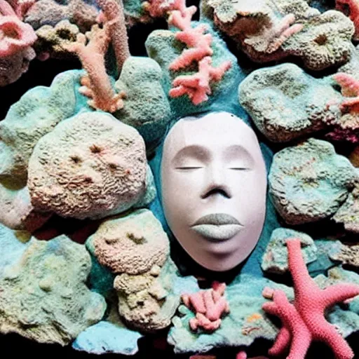 Prompt: a plaster mask art of a coral reef