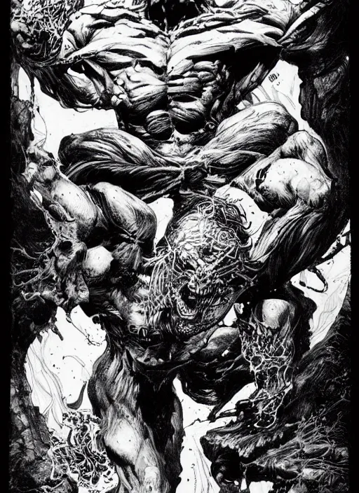 Prompt: man, black white ink art, comic art, high detail, bernie wrightson art, jimlee, petruk, gareng