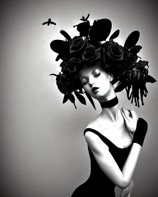 Image similar to dreamy surreal poetic black and white 3D render of a beautiful young porcelain female-creature-cyborg-vegetal with a very long neck and a super big gothic lace collar filled with dead flies and a very high big floral crown with many black dry roses:: smoke, high fashion, haute couture, rococo, avant-garde, elegant, dreamy, hyper realistic, 150 mm lens, avatar Second Life, Anouk A., soft rim light, octane render, unreal engine, volumetric lighting, dramatic light,8k,