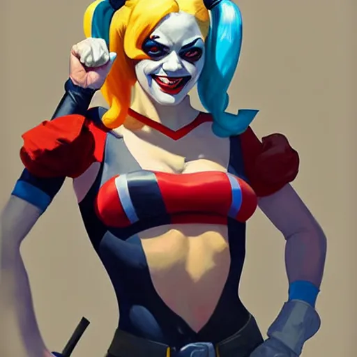 Image similar to Greg Manchess portrait painting of Harley Quinn as Overwatch character, medium shot, asymmetrical, profile picture, Organic Painting, sunny day, Matte Painting, bold shapes, hard edges, street art, trending on artstation, by Huang Guangjian and Gil Elvgren and Sachin Teng