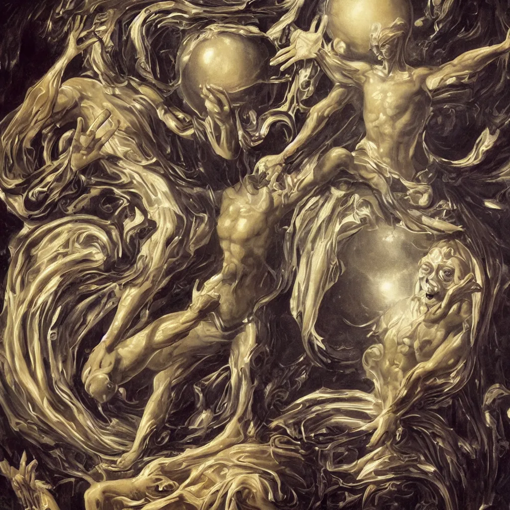 Prompt: a marble statues of a futuristic alien reaching through an ornately decorated framed painting, arms outstretched, hands holding big glowing orbs, pulp sci - fi art for omni magazine. high contrast. baroque period, oil on canvas. renaissance masterpiece,