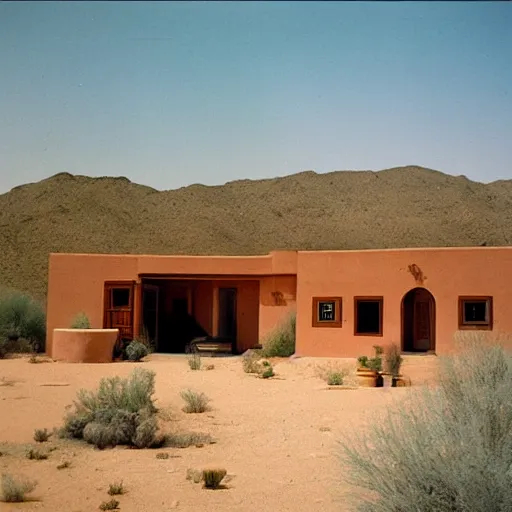 Prompt: a desert villa in 1 9 7 4 color