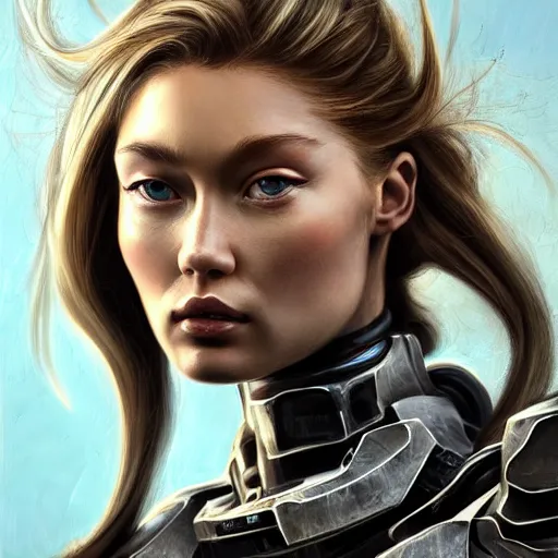 Image similar to portrait of a girl by simon bisley, mixture between doutzen kroes and gigi hadid, she is about 2 5 years old, long curly hair, very tall and slender, she is wearing a battle mech suit, highly detailed portrait, digital painting, artstation, concept art, smooth, sharp foccus ilustration, artstation hq