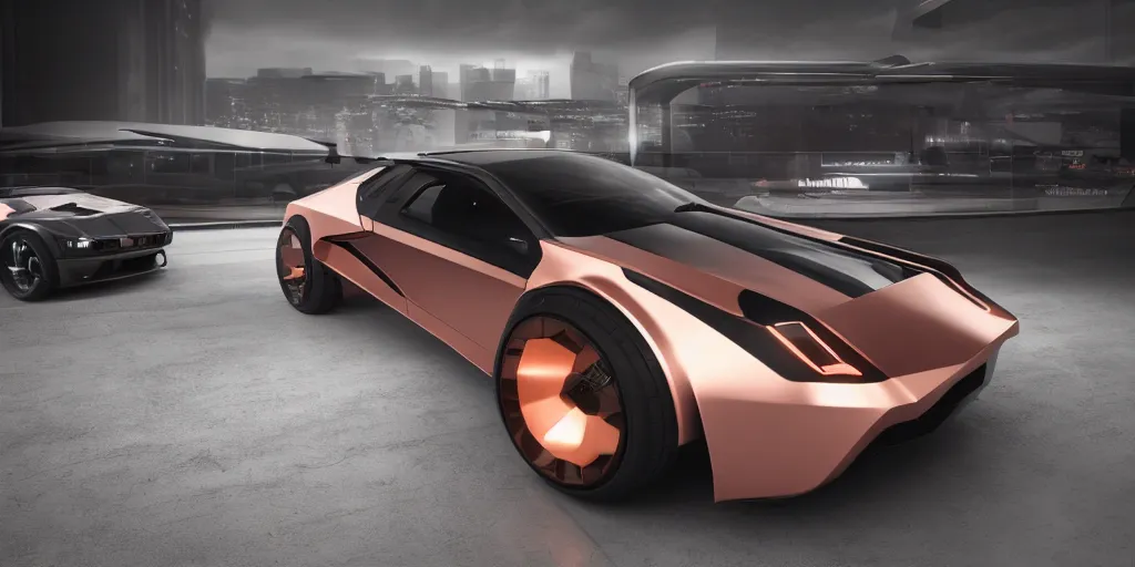 Image similar to a design of a futuristic DMC Delorian, designed by Polestar, blade runner background, back view, rose copper car paint with neon color accent detailing, black windows, sportscar, black show room, dramatic lighting, octane rendering, unreal engine rendering, hyper realistic render, depth of field, octane rendering