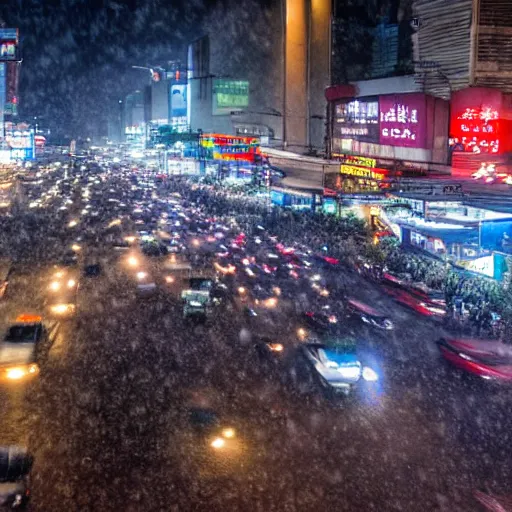 Prompt: center of bangkok crowded with people and vehicles during a snowstorm