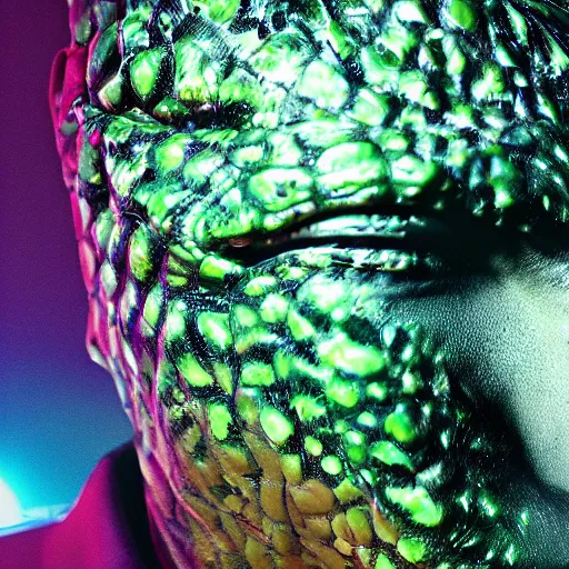 Image similar to photorealistic!! Reptilian techno Music Producer, Balenciaga, 8K, Cinematic lights, perfect shot