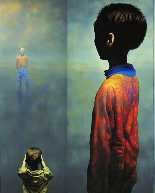 Prompt: 8k professional photo of an 8 years old boy standing in front of a computer from 90s monitor screen, Beksinski impasto painting, part by Adrian Ghenie and Gerhard Richter. art by Takato Yamamoto, masterpiece