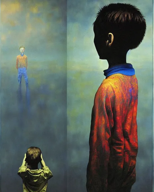 Image similar to 8k professional photo of an 8 years old boy standing in front of a computer from 90s monitor screen, Beksinski impasto painting, part by Adrian Ghenie and Gerhard Richter. art by Takato Yamamoto, masterpiece