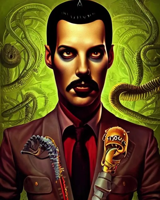 Image similar to lovecraft lovecraftian portrait of freddie mercury, pixar style, by tristan eaton stanley artgerm and tom bagshaw, retro future