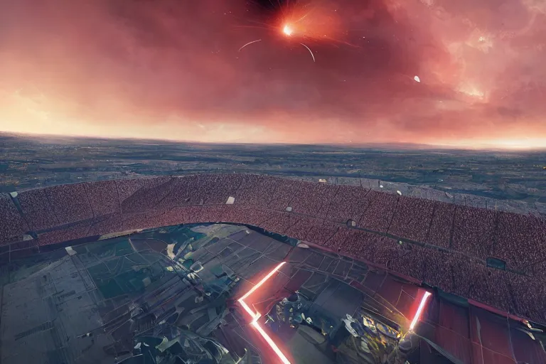 Image similar to meteorites fall from the red sky upon a football stadium, crowds panic, cinematic lighting by Jessica Rossier