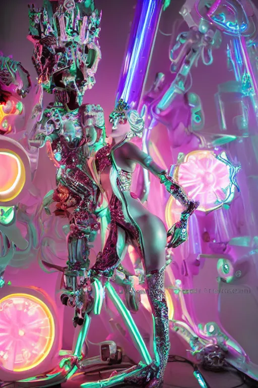 Prompt: full-body rococo and cyberpunk style neon statue of a young attractive Cubano macho dotado e rico android sim roupa reclining con las piernas abertas e la piroca dura, glowing white laser eyes, prince crown of pink gears, diamonds, swirling silver-colored silk fabric. futuristic elements. full-length view. space robots. human skulls. intricate artwork by caravaggio. Trending on artstation, octane render, cinematic lighting from the right, hyper realism, octane render, 8k, depth of field, 3D