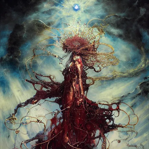 Image similar to uhd photorealistic chained justice, by ayami kojima, yoshitaka amano, esao andrews, karol bak, mark brooks, tonalism, rich deep colors. beksinski painting, art by adrian ghenie and gerhard richter. art by takato yamamoto. masterpiece