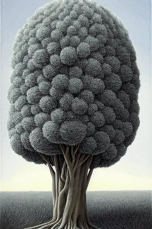 Prompt: a pompom tree with a ( trunk that is miles long ) and long branches looming miles above the viewer, viewed from below, digital illustration by chris van allsburg and artgerm, surreal, photorealistic