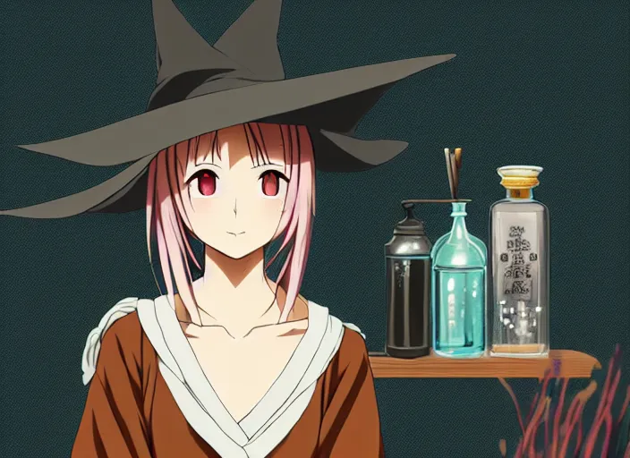 Prompt: anime visual, portrait of a young female traveler wearing a witch hat in a alchemist's potion shop interior, cute face from katsura masakazu and yoh yoshinari,, cinematic luts, dynamic pose, dynamic perspective, strong silhouette, anime cels, ilya kuvshinov, crisp and sharp, rounded eyes, moody, cool colors