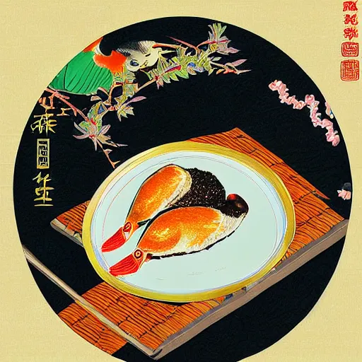 Image similar to beijing roast duck, digital art, style of traditional chinese painting