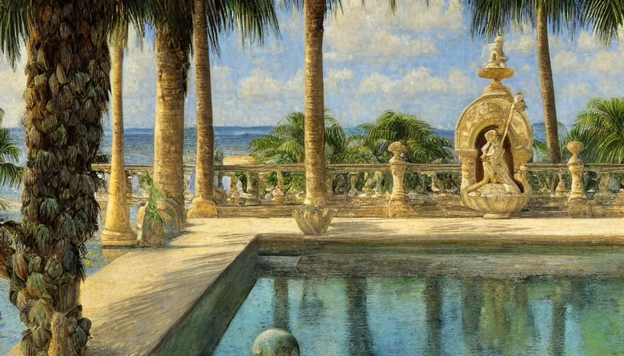 Image similar to a ultradetailed beautiful painting of an old fountain in the amazonas palace balustrade designed by jules bastien - lepage, tarsila do amaral, frank weston and gustave baumann, beach, trending on artstation, mediterranean, palm trees, sharp focus, soft light, 8 k 4 k