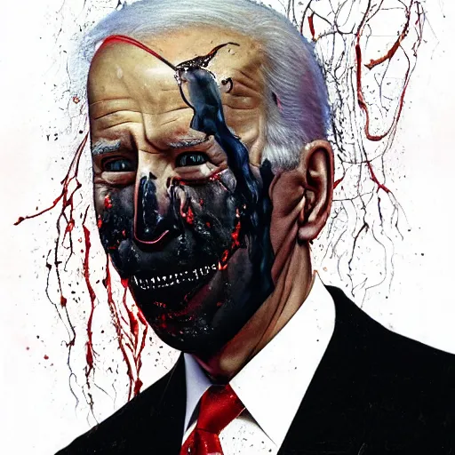 Prompt: presidential portrait of joe biden with oily black fluid pouring from mouth and nose as slenderman, medical diagram by beksinski, jon mcnaughton, and stephen gammell