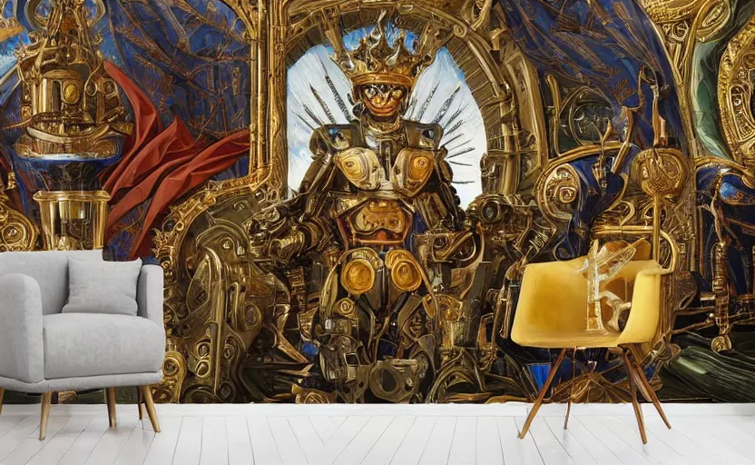 Image similar to beautifully painted mural of a mechanical cyborg king in ornate royal metallic fabric sitting in his royal throne room, piercing glowing eyes, sci fi scenery, fantasy setting, mural in the style of sandro botticelli, caravaggio, albrecth durer