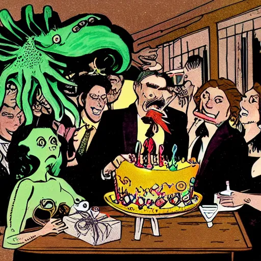Prompt: Cthulhu having a great birthday party with his human followers and fans bringing him presents