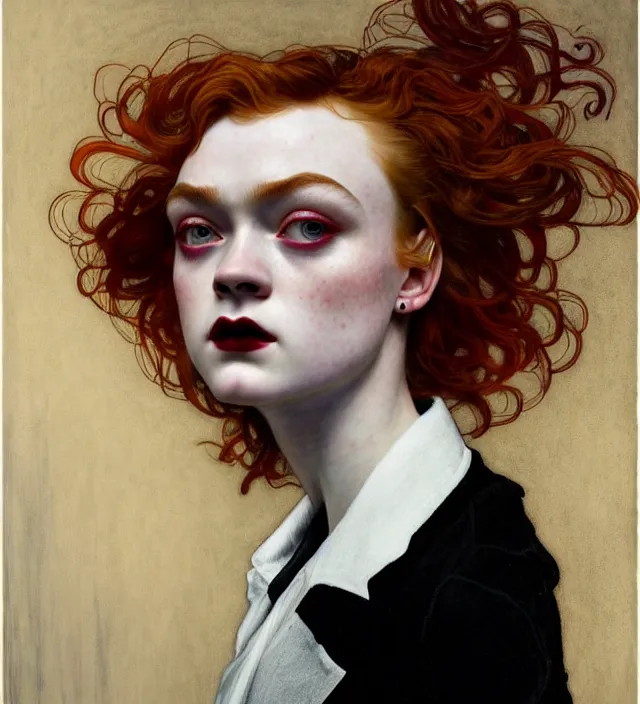 Prompt: sadie sink stunning portrait of highly details androgynous ruby rose as desire from sandman, rockabilly style, white suit and black tie,, by egon shiele and alphonse mucha, with influence of jeremy mann, peter lindbergh, dave mckean, maurice sapiro, and frank moth, soft lightning, highly detailed, 8 k