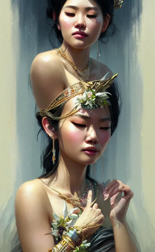 Image similar to a beautiful taiwan goddess with sundress with jewelry | | winter, realistic shaded, unpleasant face, good looking, fine details, realistic shaded lighting poster by greg rutkowski, magali villeneuve, artgerm, jeremy lipkin and michael garmash and macoto takahashi