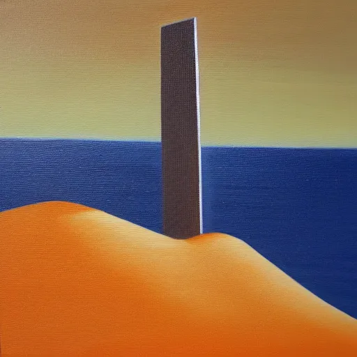 Prompt: oil on canvas painting of a skyscraper sinking into the desert sand, the skyscraper slanted at a 45 degree angle as it sinks