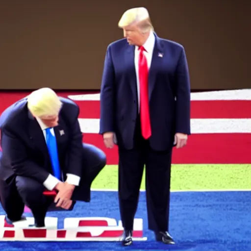 Image similar to Mike pence kneeling down next to Donald trump helping him put his belt on, 8k,