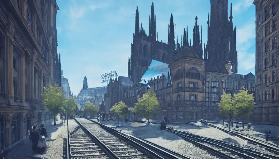 Prompt: neo - gothic berlin with blue doma train station, sunny day, volumetric light, hyperdetailed, artstation, cgsociety, 8 k