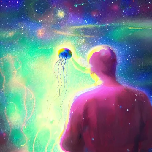 Image similar to over the shoulder painting of a man watching many magic glowing jellyfish in glowing cosmic stardust, colorful stars, galaxies, space, award winning photo, intricate, high detail, atmospheric, desolate, artstation