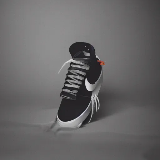 Prompt: a studio photoshoot of A Nike sneaker designed by Virgil Abloh and Jerry Lorenzo, Off-White, realistictic, color film photography by Tlyer Mitchell, 35 mm, graflex