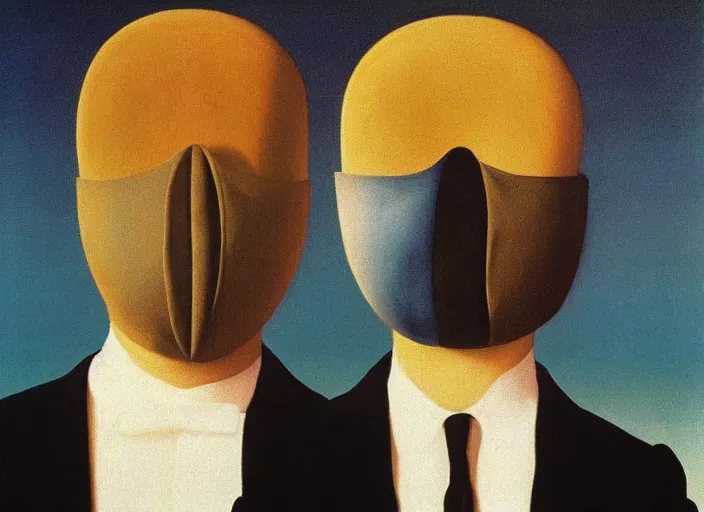 Prompt: infinite faceless masks observing you by rene magritte and salvadore dali