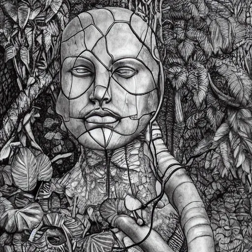 Prompt: botanical sketch of The thinker sculpture with a mechanical/cybernetic head, mushrooms and peyote/san pedro at the base, surrounded by a lush jungle and morning glory vines, high detail, b&w,