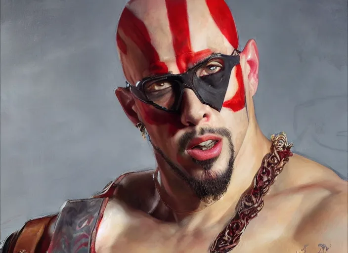 Image similar to a highly detailed beautiful portrait of bad bunny as kratos, by gregory manchess, james gurney, james jean