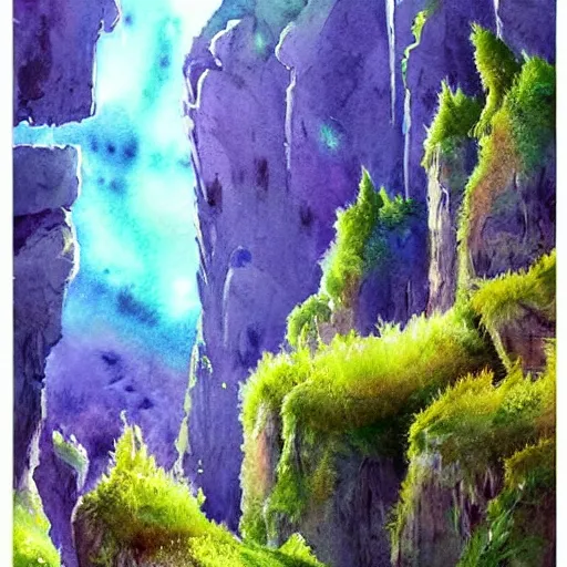 Image similar to beautiful lush natural scene on another planets majestic cliffs, with interesting creatures. different than earth but beautiful. lightfall. beautiful detailed artistic watercolor. trending on artstation and deviantart.