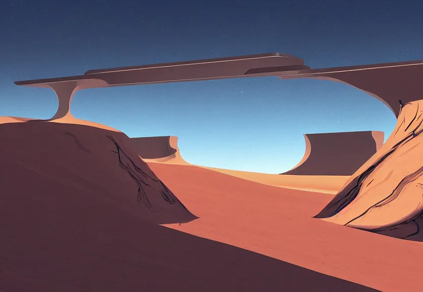Prompt: a futuristic desert, illustration in the style of Syd Mead