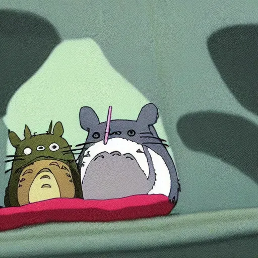 Prompt: totoro and larry david sleeping, ghibli film