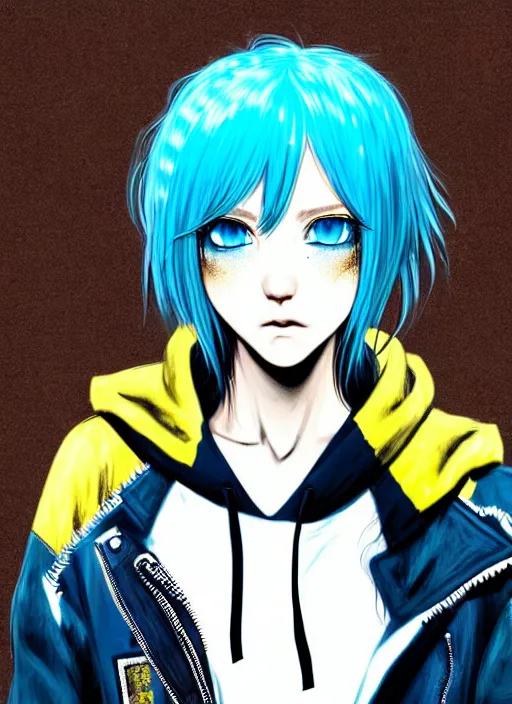 Image similar to highly detailed portrait of a city punk lady student, blue eyes, hoodie, white hair by akihiko yoshida, gradient yellow, black, brown and cyan blue color scheme, grunge aesthetic!!! ( ( graffiti tag wall background ) )