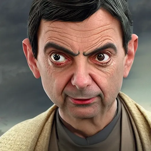 Image similar to mr beans as a jedi master, star wars, photo, realistic detail