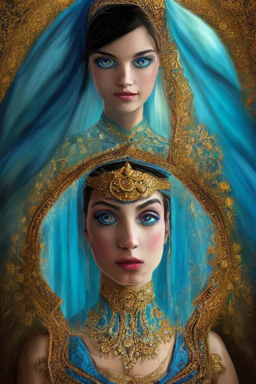 Prompt: detailed painting of a beautiful princess wearing a blue dress with veil inside the interior of an ornate Middle eastern palace by Stanely Artgerm, green eyes, gold jewellery, black hair, majestic, beauty, dramatic light, turquoise color scheme, Trending on Artstation